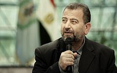 Hamas deputy political chief Saleh al-Arouri, after signing a reconciliation deal with senior Fatah official Azzam al-Ahmad, during a short ceremony at the Egyptian intelligence complex in Cairo, Egypt, October 12, 2017. (AP/Nariman El-Mofty)