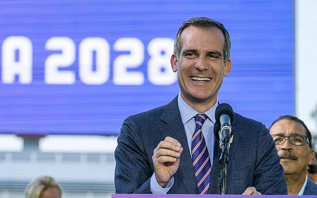 Los Angeles Mayor Eric Garcetti speaks during a press conference at Stubhub Center in Carson, outside of Los Angeles, California, July 31, 2017. (AP Photo/Ringo H.W. Chiu, File)