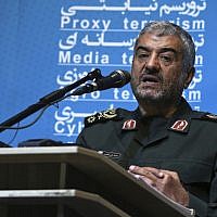 The head of Iran's paramilitary Revolutionary Guard Gen. Mohammad Ali Jafari speaks in a conference called 'A World Without Terror,' in Tehran, Iran, October 31, 2017. (AP Photo/Vahid Salemi)