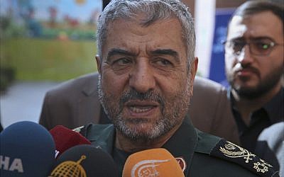 The head of Iran’s paramilitary Revolutionary Guard General Mohammad Ali Jafari speaks to journalists after his speech at a conference called “A World Without Terror,” in Tehran, Iran, October 31, 2017. (AP Photo/Vahid Salemi)