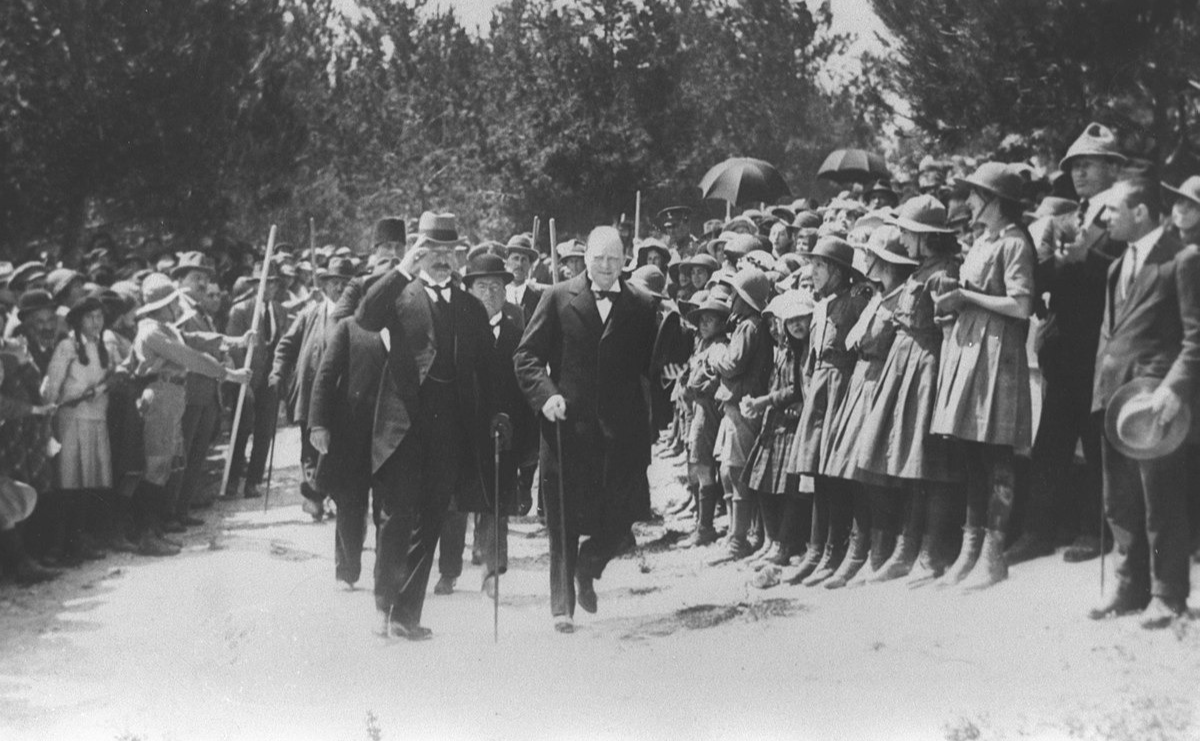 Colonial secretary Winston Churchill with Sir Herbert Samuel during a visit to Jerusalem in March 1921. (Public domain)