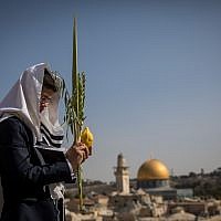 Illustrative: A Jewish worshiper holds the four plant species as he attends the annual priestly blessing during the Sukkot holiday at the Western Wall in the Old City of Jerusalem on October 8, 2017. (Yonatan Sindel/Flash90)