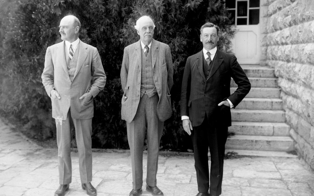From left, Lords Edmund Allenby, Arthur Balfour and Sir Herbert Samuel, at Hebrew University in 1925. (Library of Congress)