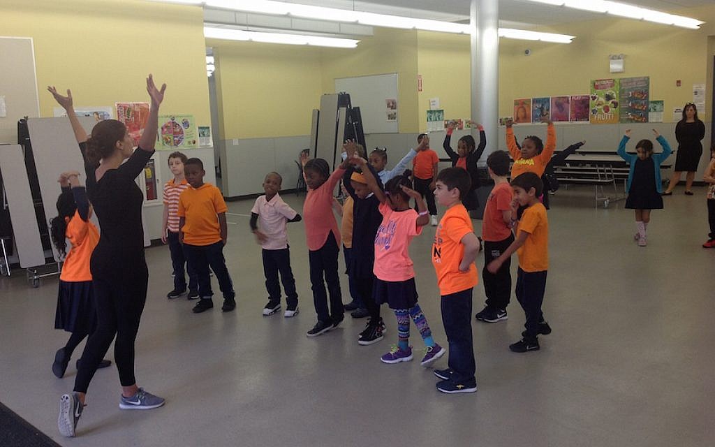 First graders learn Israeli dance at Hebrew Language Academy, a Brooklyn charter school that teaches Hebrew and Israeli culture, but not Judaism. (Ben Sales via JTA)