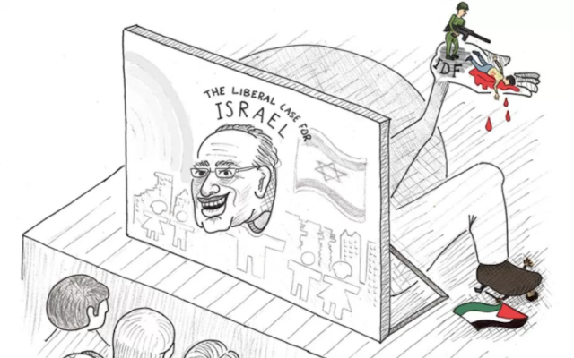 A cartoon appearing in the UC Berkeley student paper in October 2017 depicting law scholar Alan Dershowitz as engaged in the murder of Palestinians. (Twitter screen capture via JTA)