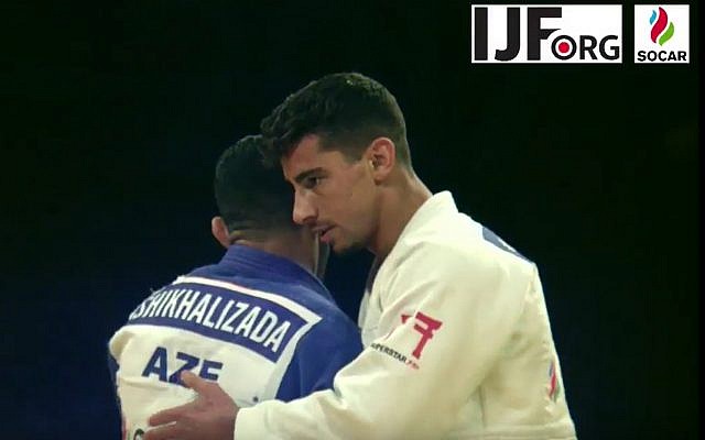 Israeli gold-medalist judoka Tal Flicker on the mat at the Judo Grand Slam in Abu Dhabi, where local judo authorities banned all Israeli symbols, October 26, 2017. (YouTube screen capture)