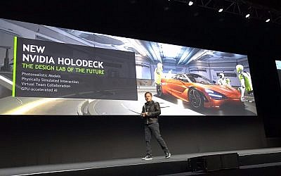 Nvidia Corp.'s Jensen Huang presents the Holodeck processor at the firm's GTC developers conference in Tel Aviv, October 18, 2017 (Shoshanna Solomon/Times of Israel)
