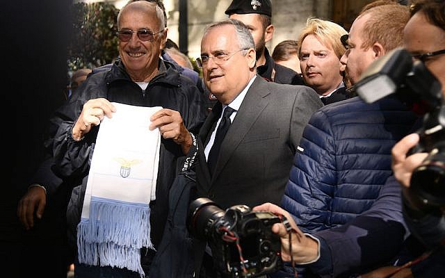 Lazio President Claudio Lotito visits Rome's Synagogue on October 24, 2017 in Rome, Italy. The visit comes after Lazio fans left anti-Semitic graffiti and stickers, some featuring Anne Frank wearing the shirt of rivals AS Roma, during their Serie A match against Cagliari. (Photo by Marco Rosi/Getty Images via JTA)