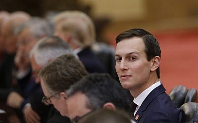 White House senior adviser Jared Kushner attends a bilateral meeting with China’s President Xi Jinping and US President Donald Trump at the Great Hall of the People in Beijing on November 9, 2017. (AFP/Pool/Thomas Peter)
