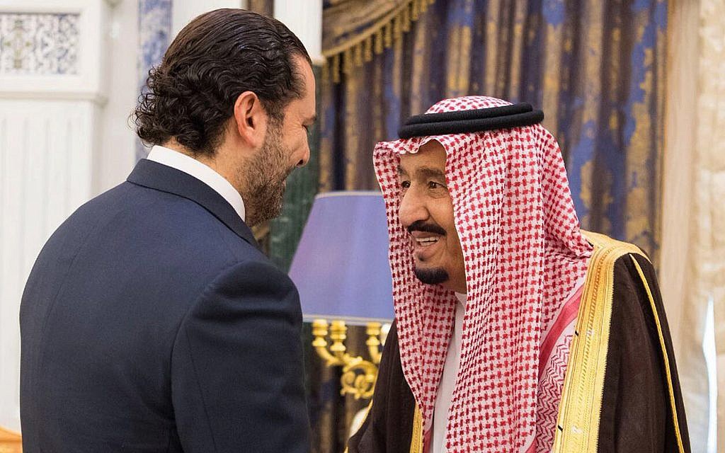 Saudi King Salman, right, meets with outgoing Lebanese Prime Minister Saad Hariri in Riyadh, Saudi Arabia, November 6, 2017. (Saudi Press Agency, via AP)
