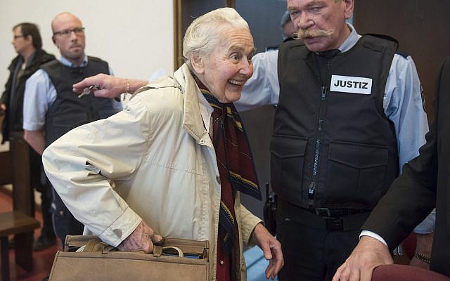 Ursula Haverbeck, accused of hate speech, arrives in the court room of the District Court in Detmold for a appeal hearing, Germany, on November 23, 2017. (Bernd Thissen/dpa via AP, file)
