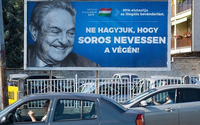 A poster with US billionaire George Soros in Szekesfehervar, Hungary, July 6, 2017. (ATTILA KISBENEDEK/AFP/Getty Images via JTA)