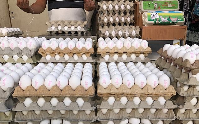 Illustrative: Eggs at a market stall in Jerusalem, September 8 2017. (Times of Israel/Stuart Winer)