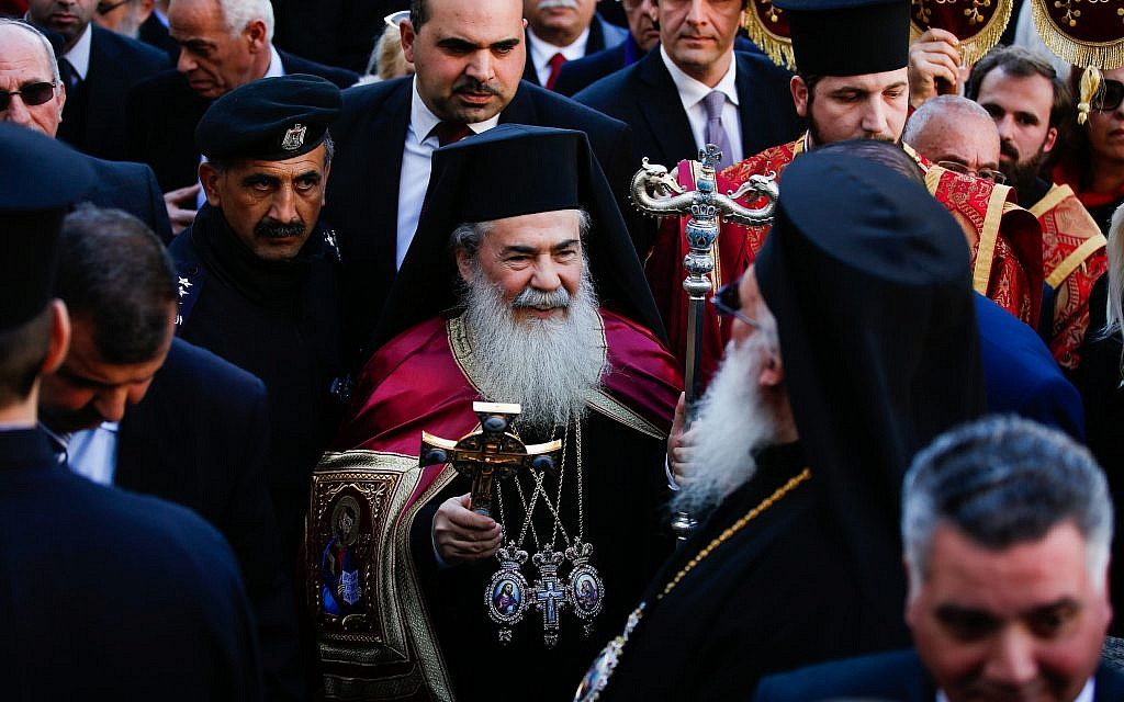 Greek Orthodox Patriarch Theophilos III arrives at the Church of the Nativity in the West Bank City of Bethlehem, built atop the site where Christians believe Jesus was born, on Christmas Eve according to the Eastern Orthodox calendar, on January 6, 2017.  (Wisam Hashlamoun/Flash90)
