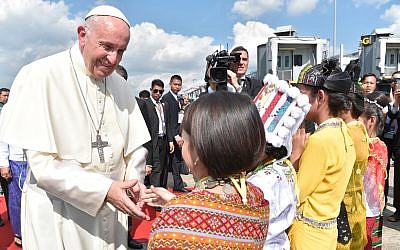 Pope Francis arrives in Yangon, Myanmar, on November 27, 2017, for the first stage of a week-long visit that will also take him to neighboring Bangladesh. (L'Osservatore Romano via AP)