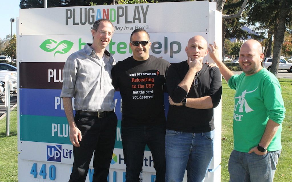 From left to right: Yuval Machlin, Kfir Eyal, Daniel Shaked and Alon Matas in front of Plug n’ Play, a Silicon Valley incubator where they all work. They all talk about returning to Israel someday. (Ben Sales)