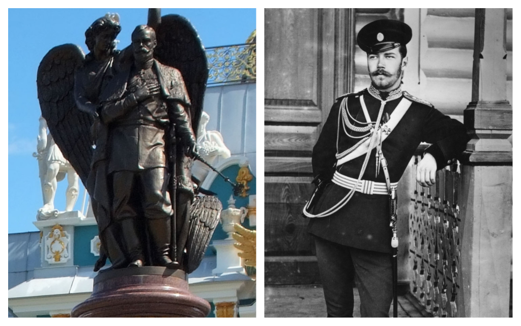 Tsar Nicholas II circa 1890; a monument to the Tsar in Vyritsa, Russia. (Photo of monument CC-SA/KulikovaTV)