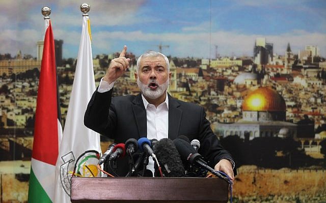 Hamas leader Ismail Haniyeh gestures as he delivers a speech over US President Donald Trump's decision to recognize Jerusalem as the capital of Israel, in Gaza City, December 7, 2017. (Said Khatib/AFP)