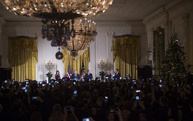 US President Donald Trump speaks during a Hanukkah reception in the East Room of the White House in Washington, DC, December 7, 2017. (AFP PHOTO / SAUL LOEB)