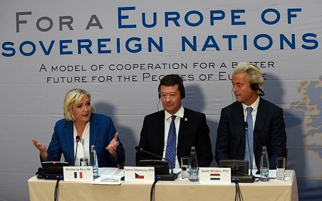 Marine Le Pen, left, Tomio Okamura, center, and Geert Wilders give a press conference during a conference of the right-wing Europe of Nations and Freedom (ENF) group in the European parliament on December 16, 2017 outside Prague. (AFP/Michal CIZEK)