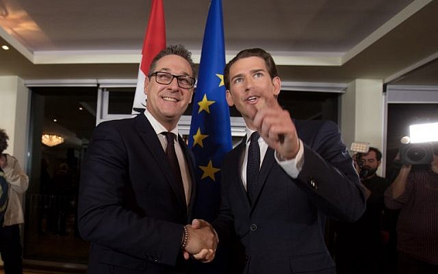 Future Austrian Chancellor Sebastian Kurz (right) of the conservative People's Party shakes hands with incoming vice-chancellor Heinz-Christian Strache of the far-right Freedom Party during a joint press conference to unveil their joint program on December 16, 2017, in Vienna, Austria.  (AFP PHOTO / ALEX HALADA)