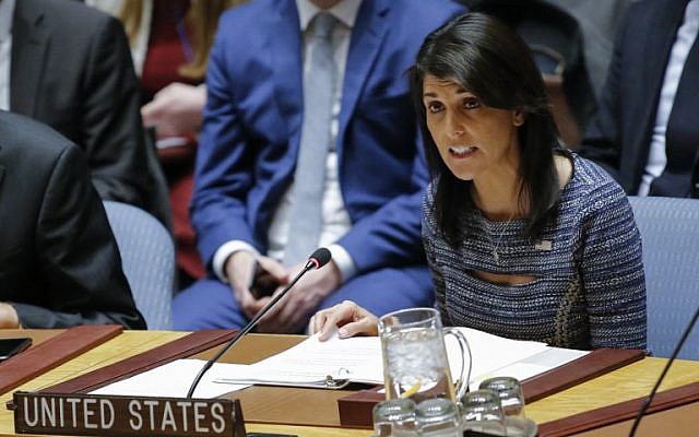 US Ambassador to the UN Nikki Haley speaks during a Security Council meeting at UN Headquarters in New York City, on December 22, 2017. (KENA BETANCUR/AFP)