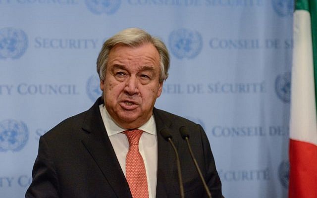 United Nations Secretary General Antonio Guterres delivers remarks to the press at the United Nations Headquarters on December 6, 2017 in New York City. (Stephanie Keith/Getty Images/AFP)