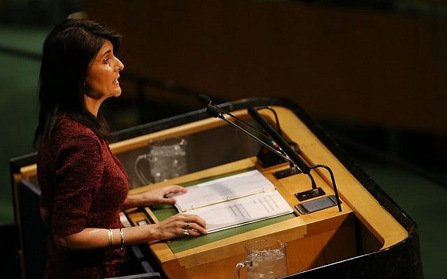 Nikki Haley, United States Ambassador to the United Nations, speaks on the floor of the General Assembly on December 21, 2017 in New York City. (Spencer Platt/Getty Images/AFP)