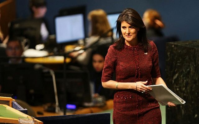 Nikki Haley, United States Ambassador to the United Nations, prepares to speak on the floor of the General Assembly on December 21, 2017 in New York City. (Spencer Platt/Getty Images/AFP)