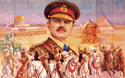 Detail from travelogue poster for 'With Allenby in Palestine' and 'Lawrence in Arabia' by Lowell Thomas. (Courtesy)