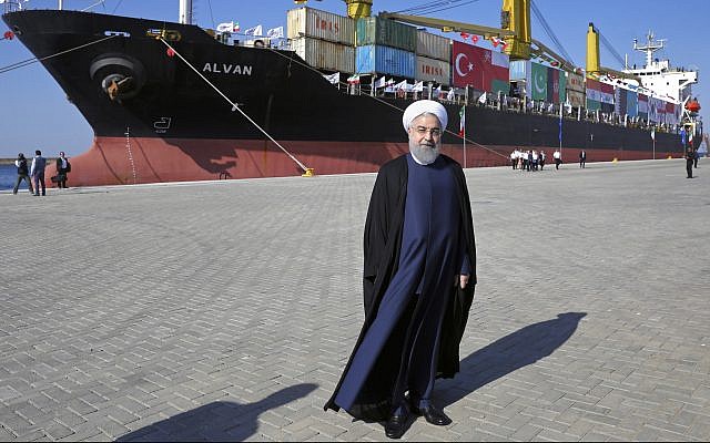 Iranian President Hassan Rouhani poses during the inauguration of a newly built extension of the port of Chabahar, near the Pakistani border, on the Gulf of Oman, southeastern Iran, December 3, 2017. (Ebrahim Noroozi/AP)