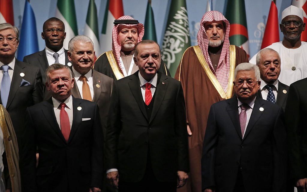 Turkish President Recep Tayyip Erdogan, center, flanked by Jordan's King Abdullah II, left and Palestinian Authority President Mahmoud Abbas, right, poses for photographs with other leaders during a photo-op prior to the opening session of the Organisation of Islamic Cooperation in Istanbul, December 13, 2017. (Lefteris Pitarakis/AP)