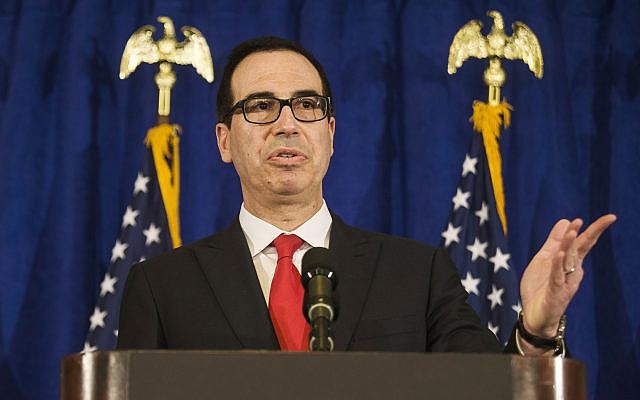 US Treasury Secretary Steve Mnuchin speaks at a news briefing at the Hilton Midtown hotel during the United Nations General Assembly in New York on September 21, 2017. (AP Photo/Andres Kudacki)