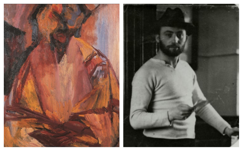 Left, David Bomberg's final self-portrait. At right, 'Portrait of David Bomberg Painting' by Henny Handler. (Courtesy Pallant House Gallery)