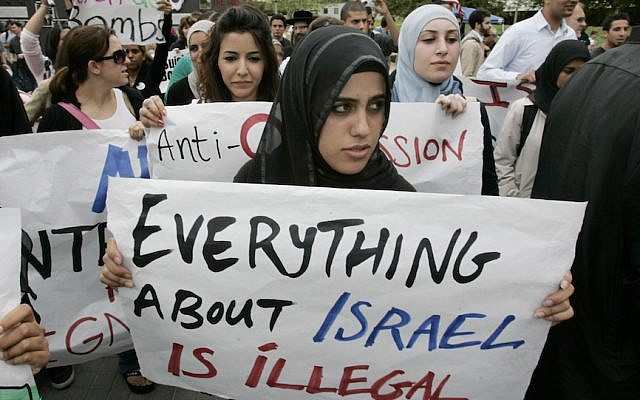Illustrative: Students protest at an anti-Israel demonstration at the University of California, Irvine. (Mark Boster/Los Angeles Times via Getty Images/JTA)