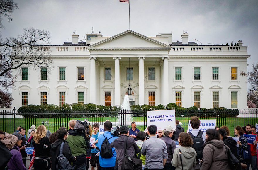 A HIAS protest in front of the White House in which people shared stories of their family members who were refugees or immigrants, March 1, 2017. (Ted Eytan via JTA)