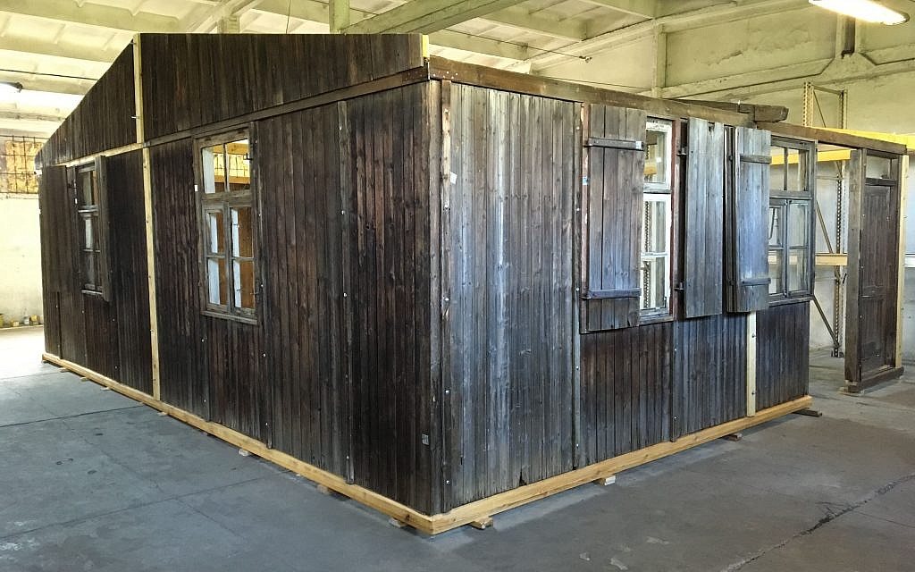 Original barracks from the former Nazi death camp Auschwitz-Birkenau, on display in Madrid, Spain, December 2017 (Courtesy of Musealia)