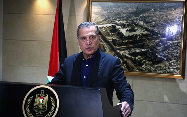 File: Nabil Abu Rudeineh, spokesman of PA President Mahmoud Abbas, speaks at a press conference in the West Bank city of Ramallah on December 5, 2017. (Flash90)