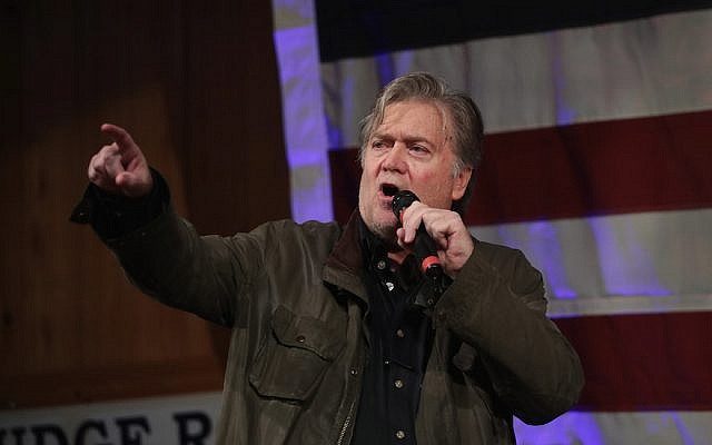 Former adviser to US President Donald Trump and  executive chairman of Breitbart News, Steve Bannon, speaks at a campaign event for Republican candidate for the US Senate in Alabama Roy Moore on September 25, 2017 in Fairhope, Alabama. (Scott Olson/Getty Images via JTA)