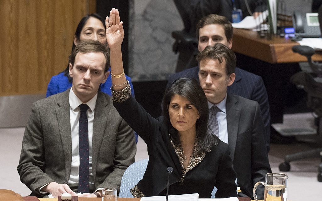Illustrative: US Ambassador to the UN Nikki Haley voting against a Security Council resolution on Jerusalem on December 18, 2017. (Eskinder Debebe/UN)