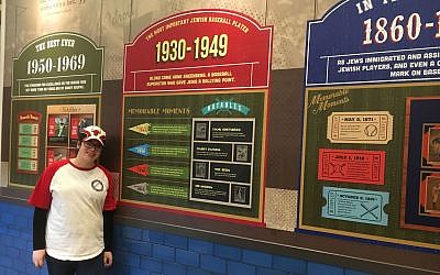 An exhibit at the Jewish baseball museum at Milt's Extra Innings in Chicago. At left is deli worker Zahava Auerbach. (Ellen Braunstein/via JTA)