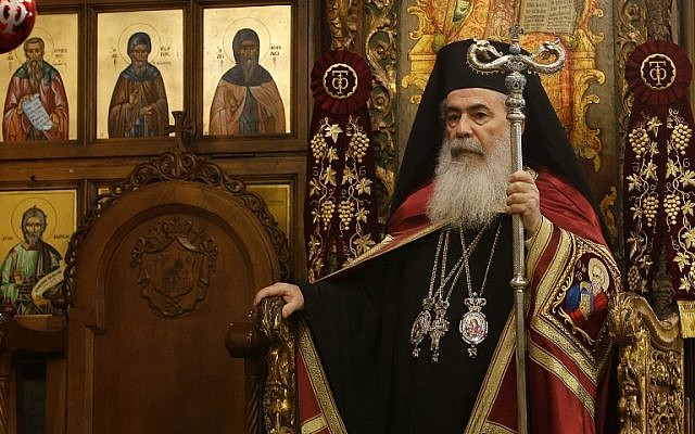 Jerusalem's Greek Orthodox patriarch Theophilos III leads the Christmas Midnight Mass for the Greek Orthodox at the Church of the Nativity in the biblical West Bank town of Bethlehem, on January 7, 2018. (Musa Al Shaer/AFP)
