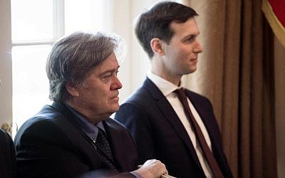 Former White House chief strategist Steve Bannon, left, and Jared Kushner, son-in-law and senior adviser to former US president Donald Trump at the White House in Washington, DC, June 12, 2017. (NICHOLAS KAMM/AFP)
