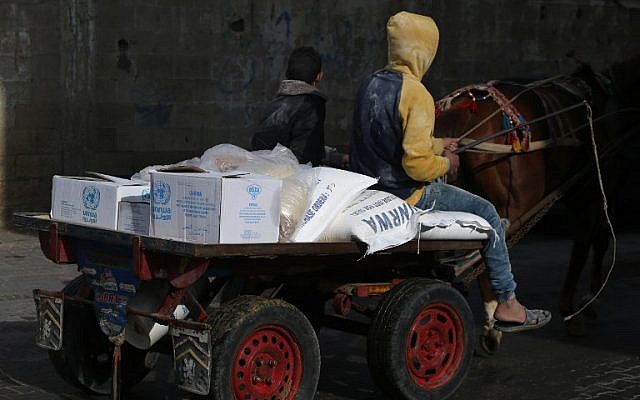 A Palestinian youth rides a horse-pulled cart with food donations outside the United Nations food distribution center in Gaza City on January 15, 2018 (AFP PHOTO / MOHAMMED ABED)