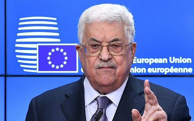 Palestinian Authority President Mahmoud Abbas speaks during a press conference prior to attending a EU foreign affairs council at the European Council in Brussels, January 22, 2018.  (EMMANUEL DUNAND / AFP)