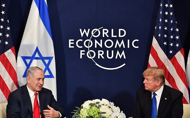 US President Donald Trump and Prime Minister Benjamin Netanyahu during a bilateral meeting on the sidelines of the World Economic Forum (WEF) annual meeting in Davos, eastern Switzerland, on January 25, 2018 (AFP Photo/Nicholas Kamm)