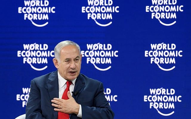 Prime Minister Benjamin Netanyahu at the World Economic Forum (WEF) annual meeting on January 25, 2018, in Davos, Switzerland. (AFP Photo/Fabrice Coffrini)