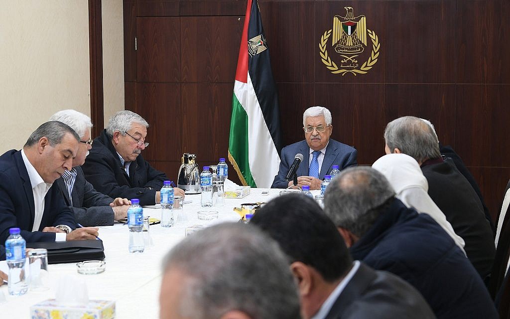 Palestinian Authority President Mahmoud Abbas heads the Central Committee meeting on November 25, 2017. (Osama Falah/WAFA)