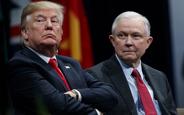In this Dec. 15, 2017, file photo, President Donald Trump sits with Attorney General Jeff Sessions during the FBI National Academy graduation ceremony in Quantico, Va.(AP/Evan Vucci)