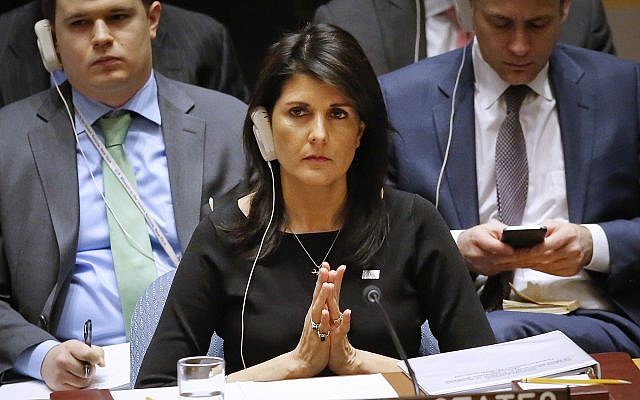 US Ambassador to the UN Nikki Haley listens during a Security Council meeting on non-proliferation of weapons of mass destruction, January 18, 2018. (AP Photo/Bebeto Matthews)